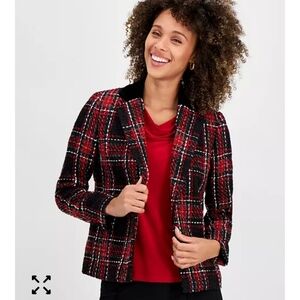 Kasper Plaid Tweed Blazer Jacket Sz 14 Women Red Black Velvet Collar Trim New